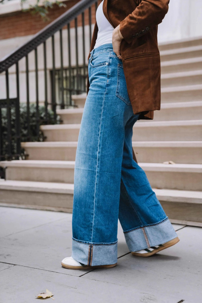 Often worn with rolled cuffs